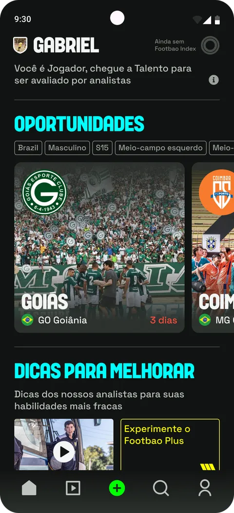 Tela do app Footbao — Toque no “+”